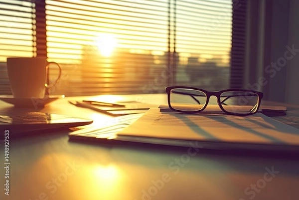 Fototapeta Golden hour office desk scene with documents and glasses.