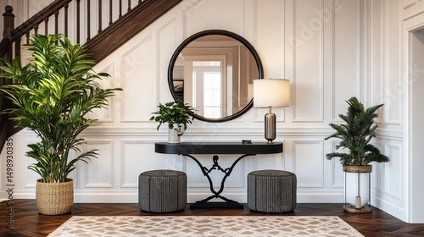 Fototapeta Stylish entryway with staircase and wooden railings, round black table holding lamp and decor, two plush stools, large mirror, potted plant