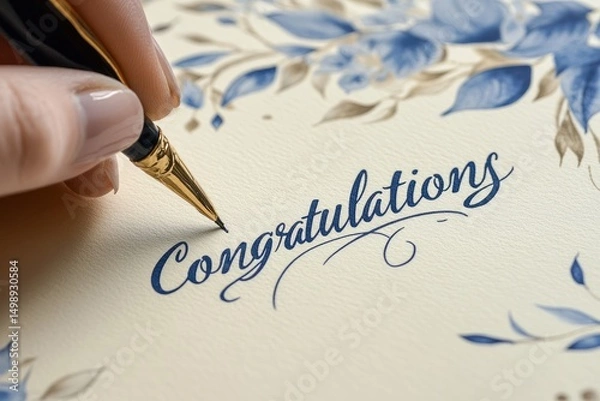 Fototapeta Elegant script writing on a floral card with a pen.