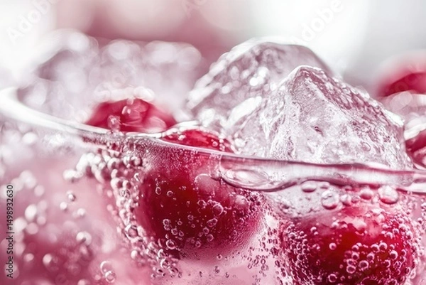 Fototapeta Close-up view of refreshing cherry beverage with ice.