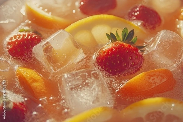Fototapeta Refreshing fruit beverage with ice cubes.