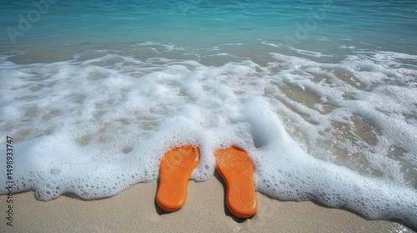 Fototapeta Orange flip-flops submerged in foamy ocean waves on a sandy shore.