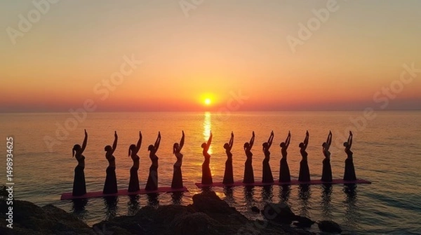 Fototapeta Silhouette figures practicing yoga on a large floating platform at sunrise.