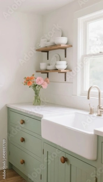 Fototapeta Rustic Kitchen Corner with Farmhouse Sink and Open Shelving