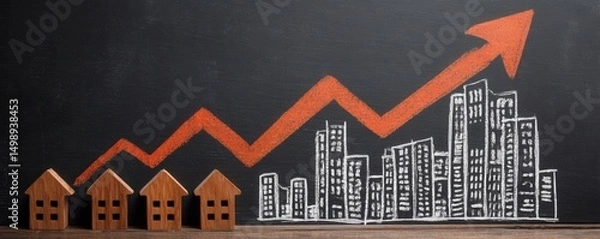 Fototapeta Chalkboard drawing of houses and buildings with an upward arrow symbolizing growth in real estate or property value.