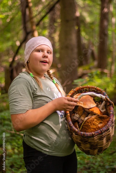 Fototapeta 
In autumn, a girl collects mushrooms in the forest.