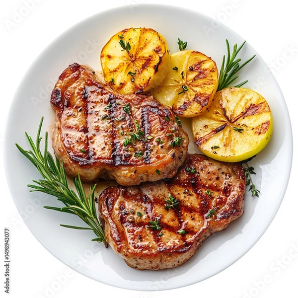 Fototapeta Delicious Plate of Pork Chops with Apples isolated on a white background