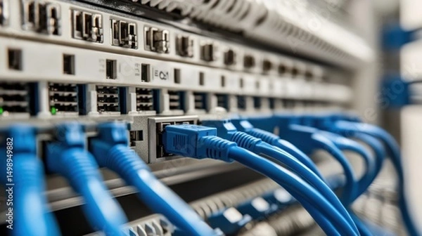 Obraz Data center network cables connecting server rack, background blurred