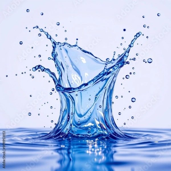 Obraz a dynamic water droplet that's captured in mid air against a white background, creating an interesting contrast with the blue droplet.