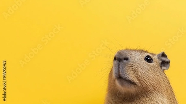 Fototapeta Curious Capybara: A captivating close-up of a capybara, its distinctive features set against a vivid yellow backdrop, capturing an expression of curious contemplation.