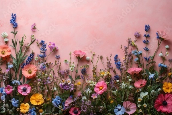 Fototapeta Spring Meadow on Pink: a colourful wildflowers blooming in a spring meadow with a soft pink backdrop, captures the essence of nature's beauty.
