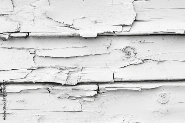Fototapeta  Weathered White Wood Texture: A close-up shot of aged white wooden boards showcasing a weathered texture, with peeling paint revealing the effects of time and the elements.