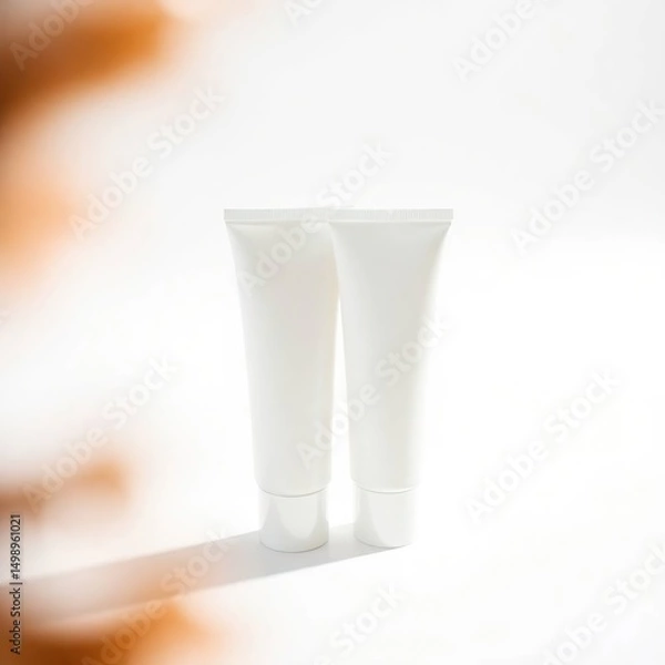 Obraz Two white tubes,  a product display on white background, subtle orange bokeh