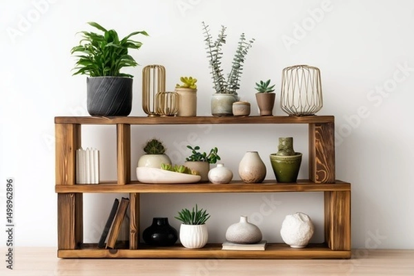 Fototapeta Rustic Wooden Shelf with Potted Plants and Vases, Minimalist Home Decor