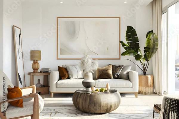 Obraz 3D render of a modern living room interior with a stylish frame mockup on the wall