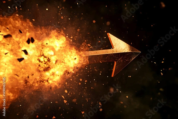 Obraz 3D rendering of an explosion simulation with a dynamic up sign pointing outward from the blast