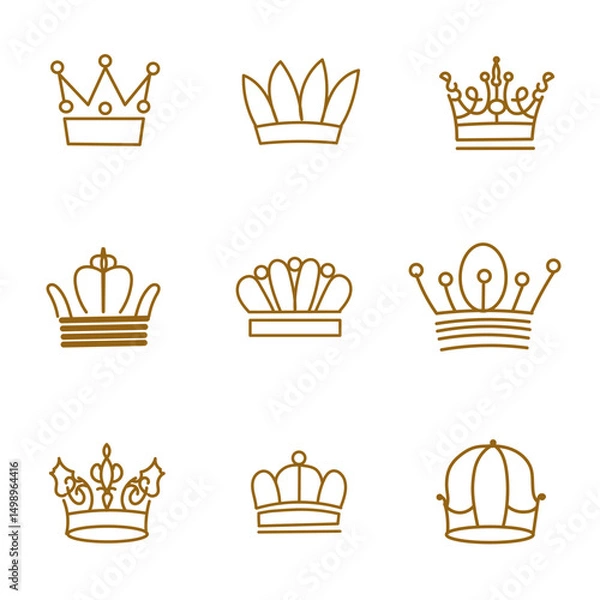 Fototapeta Set of line crowns isolated with different forms flat vector doodle objects