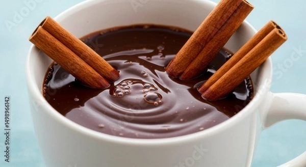 Fototapeta Rich, dark chocolate beverage in a white mug, garnished with cinnamon sticks, creating a warm and comforting scene