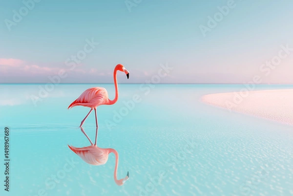 Fototapeta Flamingo walking along a tranquil shoreline during sunrise at a tropical beach with calm turquoise waters