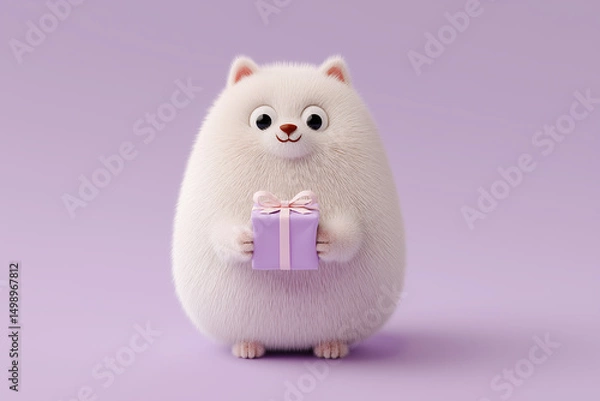 Fototapeta Adorable fluffy creature holding a gift on a pastel purple background during a festive celebration