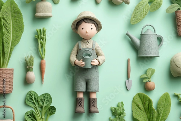 Fototapeta Gardening figure surrounded by fresh vegetables and garden tools on a pastel green background in a whimsical setting