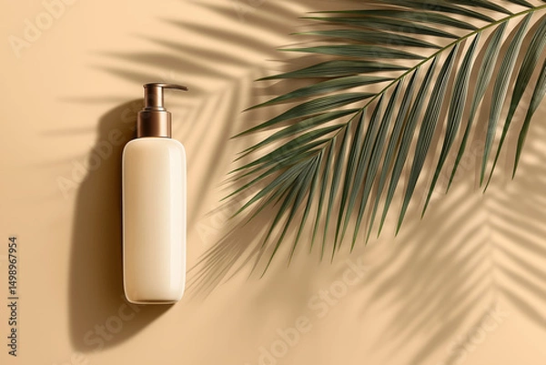 Fototapeta Bottle of cream on a sandy background with palm leaves casting shadows in soft light