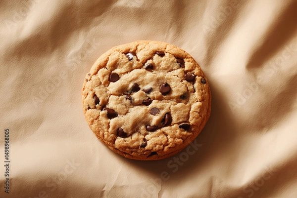 Fototapeta Freshly baked chocolate chip cookie resting on parchment paper in a cozy kitchen setting