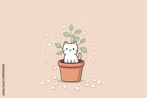 Fototapeta Cute white cat sitting in a flower pot surrounded by petals on a soft beige background during springtime