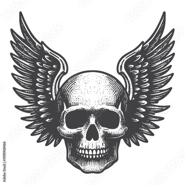 Fototapeta Vintage Hand-Drawn Skull with Gothic Wings Illustration – Dark Engraved Style Vector for T-Shirts, Posters, Stickers, and Gothic Themes Apparel
