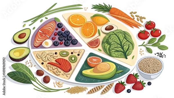 Fototapeta A vector illustration of healthy foods: icons of fruits, vegetables, and whole grains arranged in a balanced diet layout. 