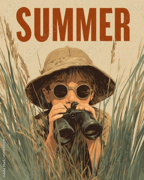 Fototapeta A cool-toned banner featuring a curious child in a whimsical, dreamlike setting with gentle tones and details