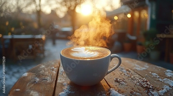 Fototapeta Snowy cafe latte at sunset