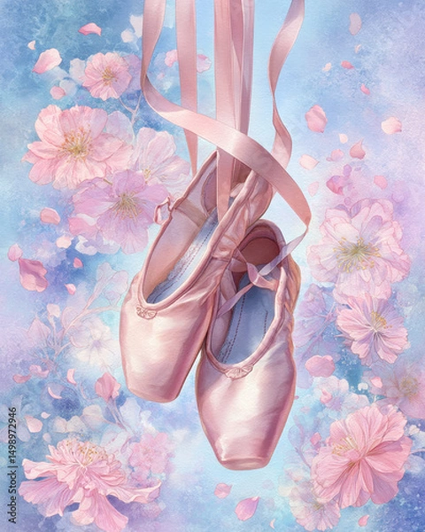 Fototapeta A pair of ballet slippers made of satin clouds, gracefully floating in a dreamlike, airy atmosphere