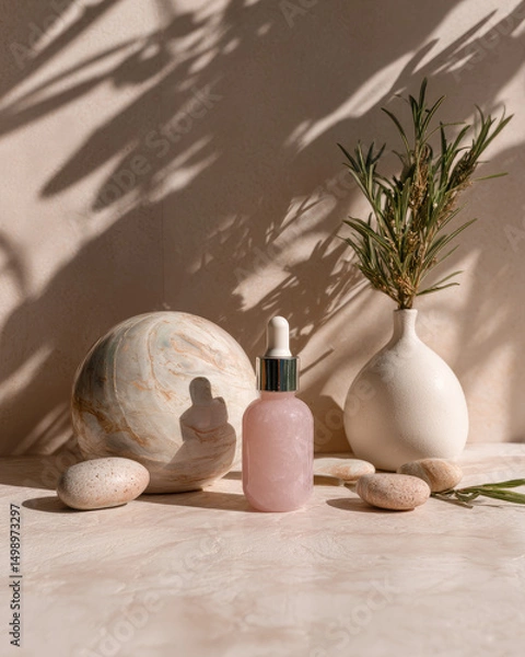 Fototapeta A pastel-toned beauty product scene featuring soft hues and elegant arrangements, exuding calm and sophistication