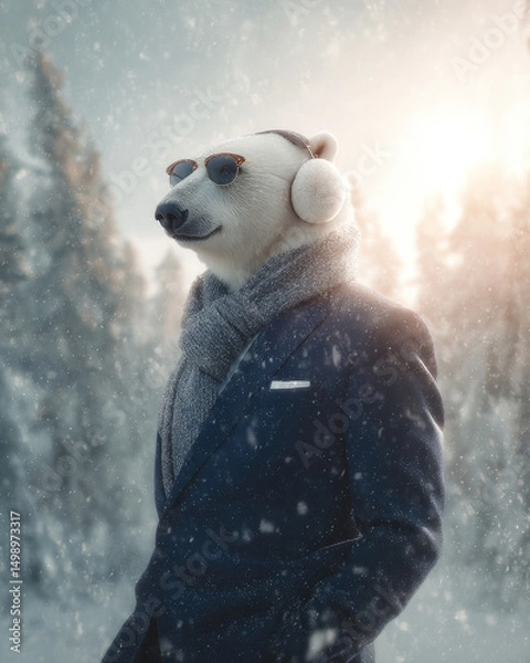Fototapeta A polar bear in a luxurious navy suit with a woolen scarf, combining charm and elegance in a fashionable look