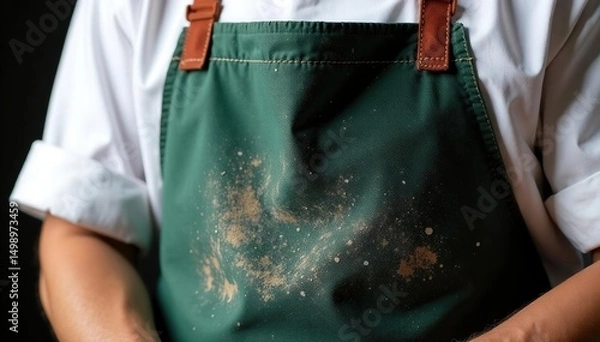 Fototapeta Close-up of a chef's stained apron, flour dusting the fabric, showing years of culinary experience , domestic, spices