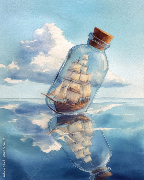 Fototapeta A ship in a bottle with sails made of clouds drifting gently, capturing a magical and otherworldly sailing journey