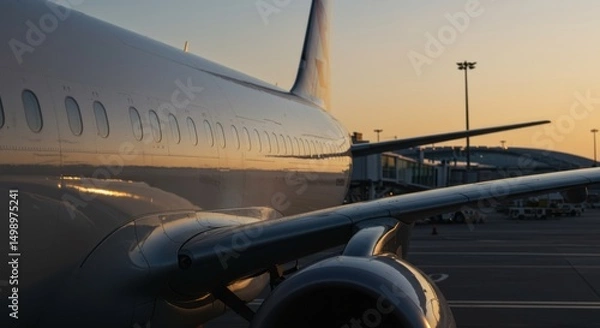 Fototapeta Close up of an airplane parked at a gate on the tarmac during golden hour at the airport for travel and transport concept.