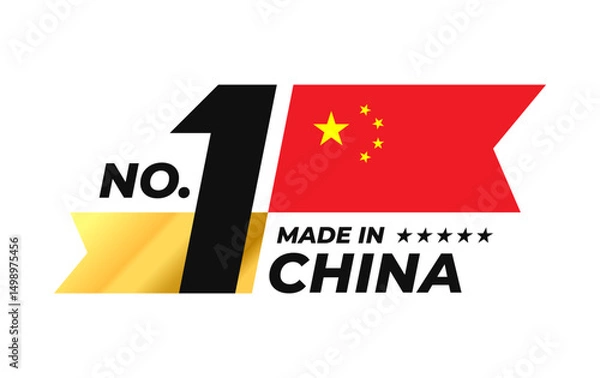 Fototapeta Number 1 made in China sign badge vector design. Label with Chinese flag and stars symbol in the form of a gold ribbon