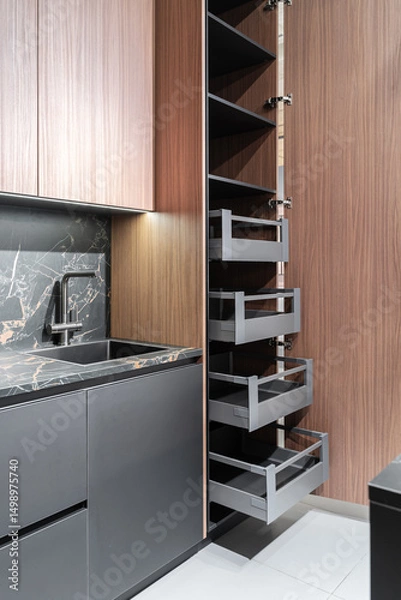 Obraz Modern Kitchen with Pull-Out Pantry and Dark Gray Cabinets