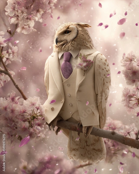 Fototapeta A wise-looking owl wearing a tailored cream suit, combining wisdom and style in a fashionable, sophisticated look