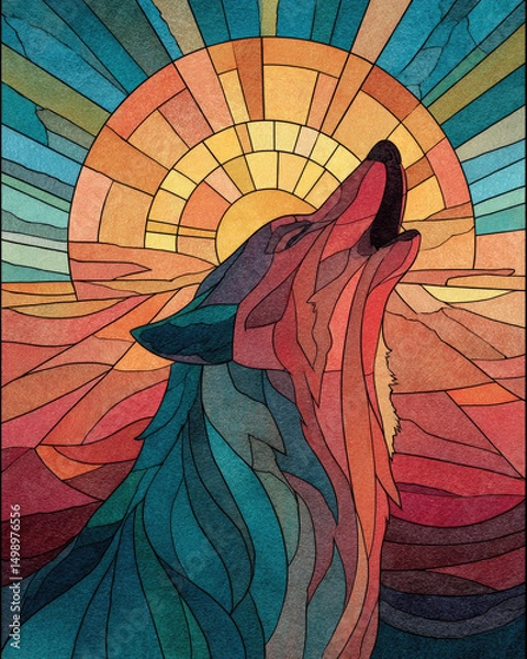 Fototapeta A wolf howling at a rising sun made of stained glass, embodying a mystical and colorful connection to nature