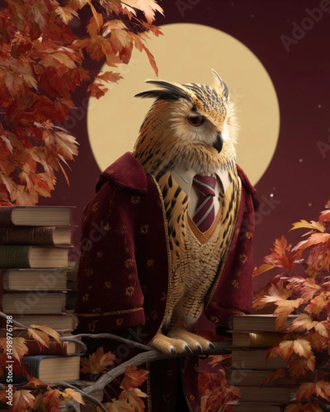 Fototapeta An owl in a burgundy academic robe and striped scarf, exuding knowledge and elegance in a scholarly appearance