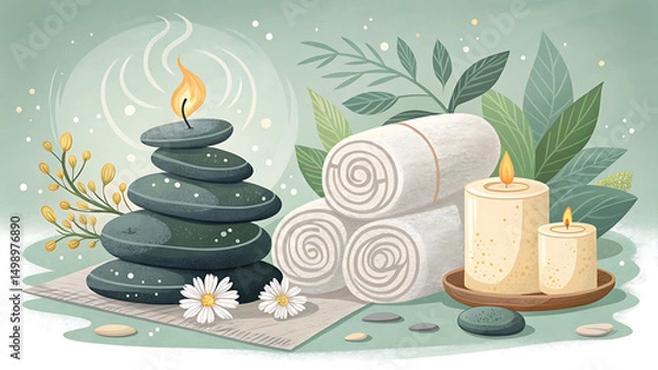 Fototapeta A vector illustration of a spa scene: stacked massage stones, a rolled towel, and a burning candle. Flat design style with soothing pastel colors (greens, neutrals). Emphasize tranquility.
