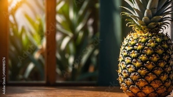 Obraz pineapple on a wooden table. Whole Pineapple. Ripe pineapple standing vertically.