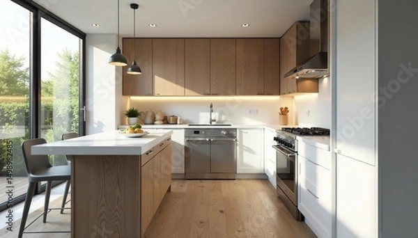 Fototapeta Modern kitchen renovation showcasing sleek cabinetry and stainless steel appliances Gleaming countertops and updated lighting , modern kitchen design, kitchen island, before and after