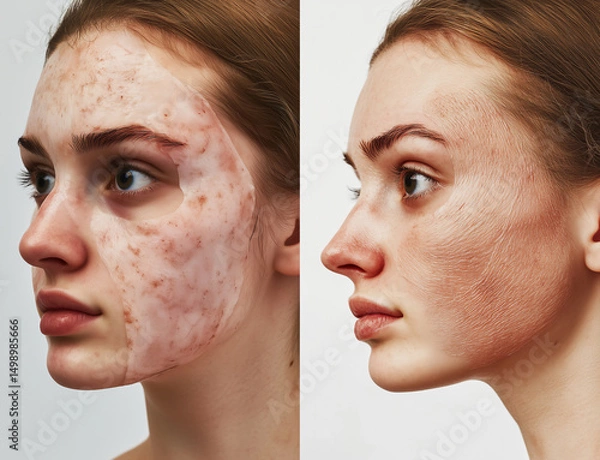 Fototapeta visual collage illustrating the development and application of artificial skin, including scientific and medical aesthetic with a clear "before and after" comparison