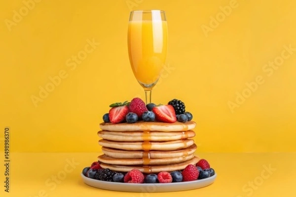 Fototapeta Cocktail with Food Delicious mimosa with fluffy pancakes and berries, perfect for brunch or a cozy breakfast setting.