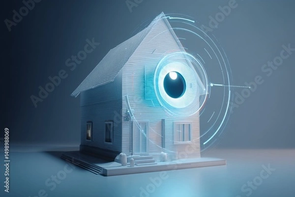 Fototapeta Smart home security system in 3D, featuring facial recognition for secure, automated access