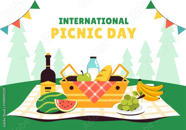 Obraz International Picnic Day Flat Cartoon Illustration with Outdoor Picnic Setting Background